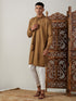 Vastramay Men's Coffee Cotton Cool Dyable Kurta with Cream Pant Set