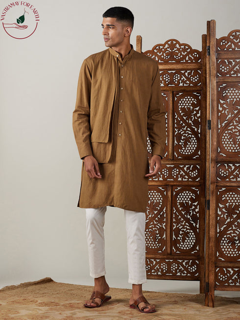 Vastramay Men's Coffee Cotton Cool Dyable Kurta with Cream Pant Set
