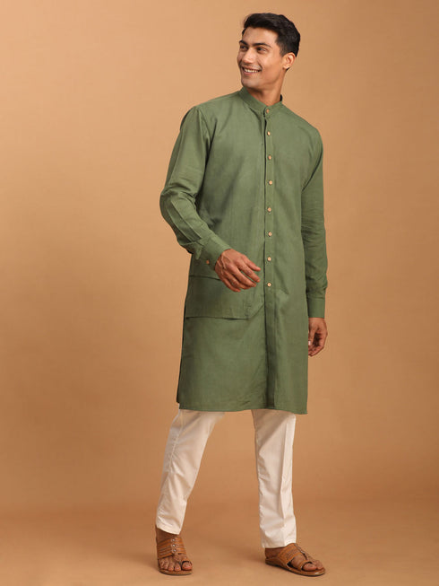 Vastramay Men's Green Cotton Cool Dyable Kurta with Cream Pant Set