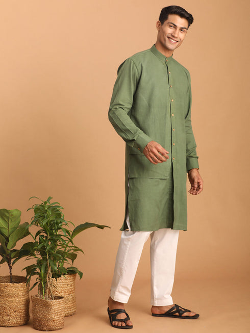 Vastramay Men's Green Cotton Cool Dyable Kurta with white Pant Set