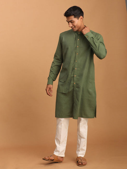 Vastramay Men's Green Cotton Cool Dyable Kurta with Cream Pant Set