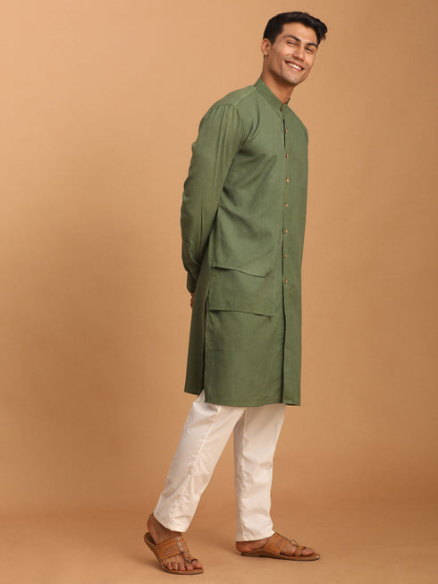 Vastramay Men's Green Cotton Cool Dyable Kurta with Cream Pant Set