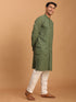 Vastramay Men's Green Cotton Cool Dyable Kurta with Cream Pant Set