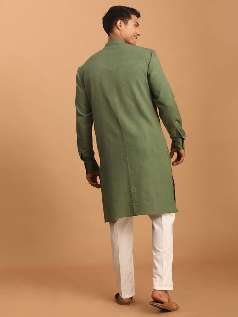 Vastramay Men's Green Cotton Cool Dyable Kurta with Cream Pant Set