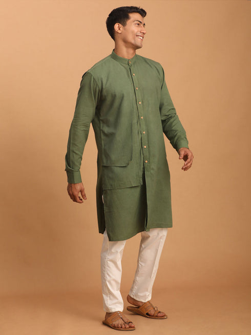 Vastramay Men's Green Cotton Cool Dyable Kurta with Cream Pant Set