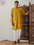 Vastramay Men's Mustard Cotton Cool Dyable Kurta with white Pant Set