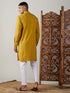 Vastramay Men's Mustard Cotton Cool Dyable Kurta with white Pant Set