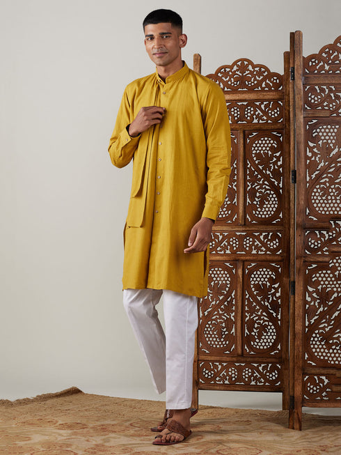 Vastramay Men's Mustard Cotton Cool Dyable Kurta with white Pant Set