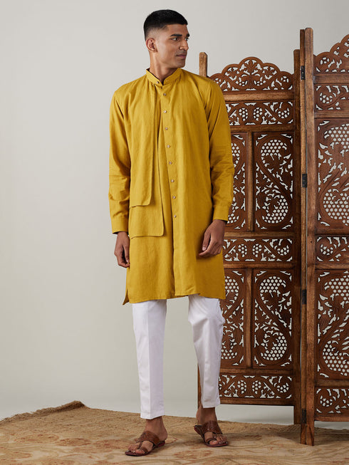 Vastramay Men's Mustard Cotton Cool Dyable Kurta with white Pant Set