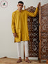 Vastramay Men's Mustard Cotton Cool Dyable Kurta with Cream Pant Set