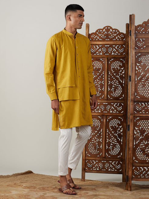 Vastramay Men's Mustard Cotton Cool Dyable Kurta with Cream Pant Set