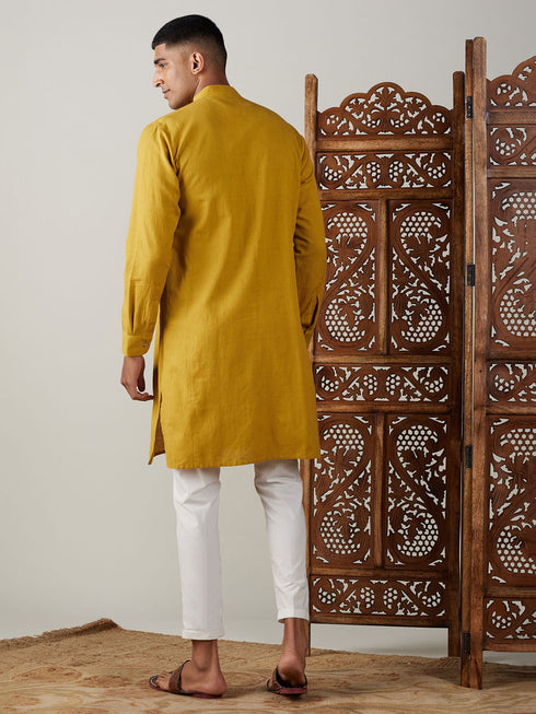 Vastramay Men's Mustard Cotton Cool Dyable Kurta with Cream Pant Set