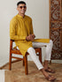 Vastramay Men's Mustard Cotton Cool Dyable Kurta with Cream Pant Set
