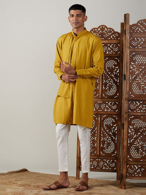 Vastramay Men's Mustard Cotton Cool Dyable Kurta with Cream Pant Set