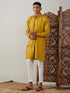 Vastramay Men's Mustard Cotton Cool Dyable Kurta with Cream Pant Set