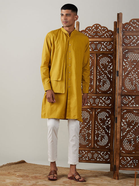 Vastramay Men's Mustard Cotton Cool Dyable Kurta with Cream Pant Set