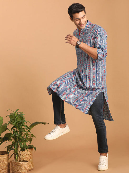 Vastramay Men's Indigo Printed cotton Kurta