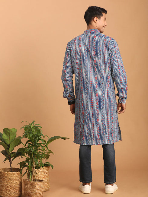 Vastramay Men's Indigo Printed cotton Kurta