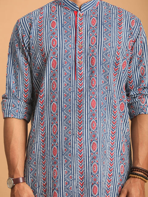 Vastramay Men's Indigo Printed cotton Kurta