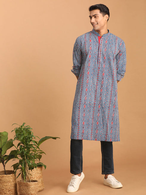 Vastramay Men's Indigo Printed cotton Kurta