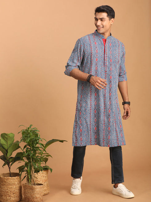 Vastramay Men's Indigo Printed cotton Kurta