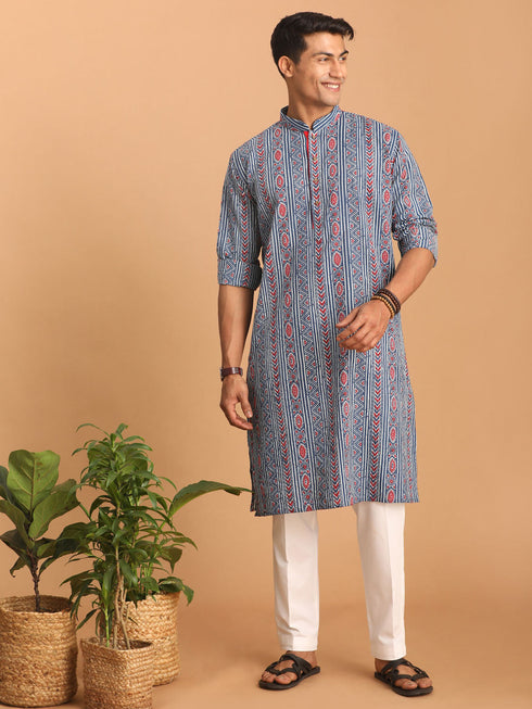 Vastramay Men's Indigo Printed cotton Kurta with White Pant set