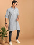 Vastramay Men's White And Blue Geometrical Striped Printed Curved Kurta