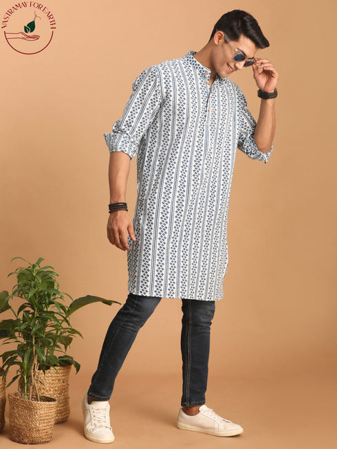 Vastramay Men's White And Blue Geometrical Striped Printed Curved Kurta