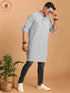 Vastramay Men's White And Blue Geometrical Striped Printed Curved Kurta