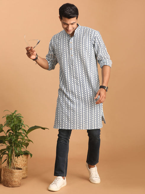 Vastramay Men's White And Blue Geometrical Striped Printed Curved Kurta