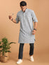 Vastramay Men's White And Blue Geometrical Striped Printed Curved Kurta