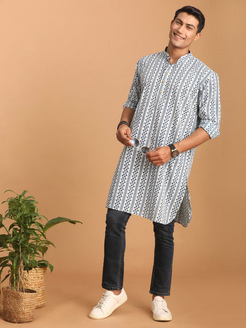 Vastramay Men's White And Blue Geometrical Striped Printed Curved Kurta