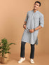 Vastramay Men's White And Blue Geometrical Striped Printed Curved Kurta