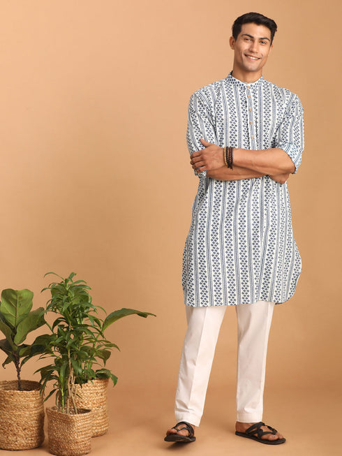 Vastramay Men's White And Blue Geometrical Striped Printed Curved Kurta with white Pant Set