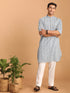 Vastramay Men's White And Blue Geometrical Striped Printed Curved Kurta with white Pant Set