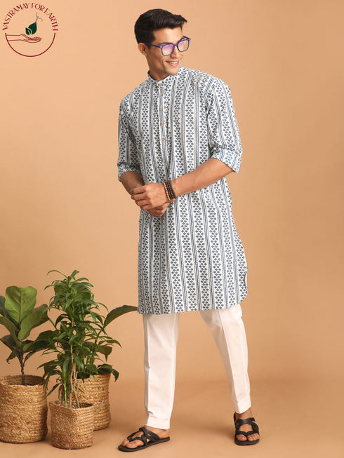 Vastramay Men's White And Blue Geometrical Striped Printed Curved Kurta with white Pant Set