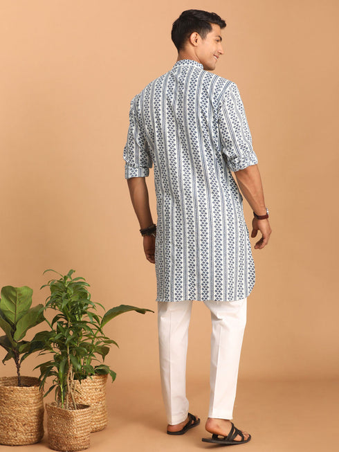 Vastramay Men's White And Blue Geometrical Striped Printed Curved Kurta with white Pant Set