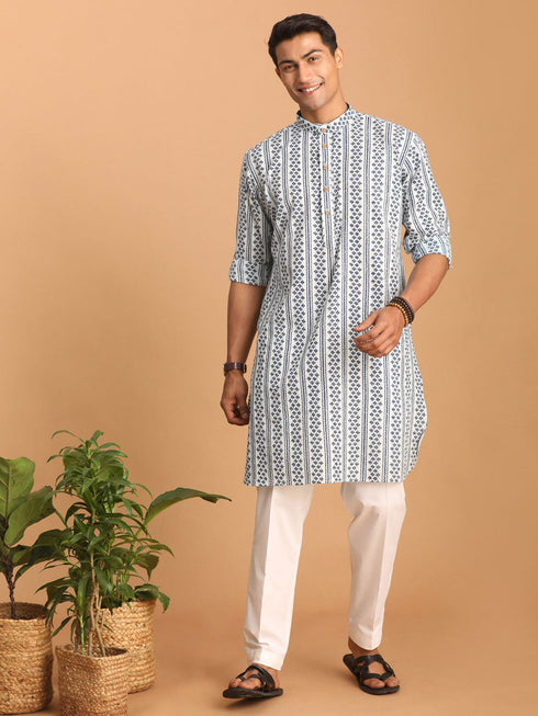 Vastramay Men's White And Blue Geometrical Striped Printed Curved Kurta with white Pant Set