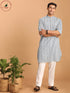 Vastramay Men's White And Blue Geometrical Striped Printed Curved Kurta with white Pant Set