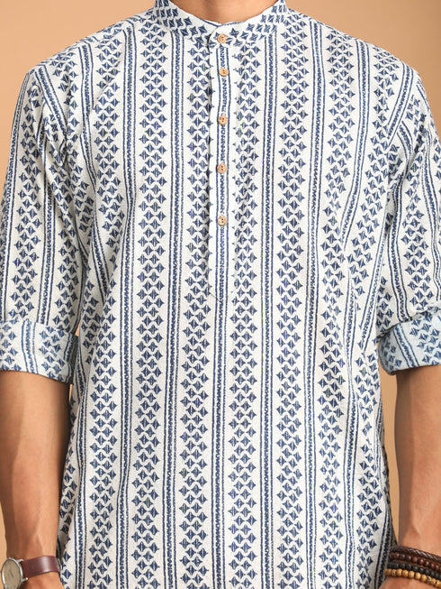 Vastramay Men's White And Blue Geometrical Striped Printed Curved Kurta with white Pant Set