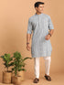 Vastramay Men's White And Blue Geometrical Striped Printed Curved Kurta with white Pant Set