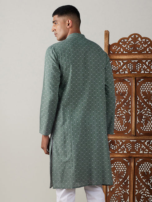 Vastramay Men's Green cotton Jacquard Kurta
