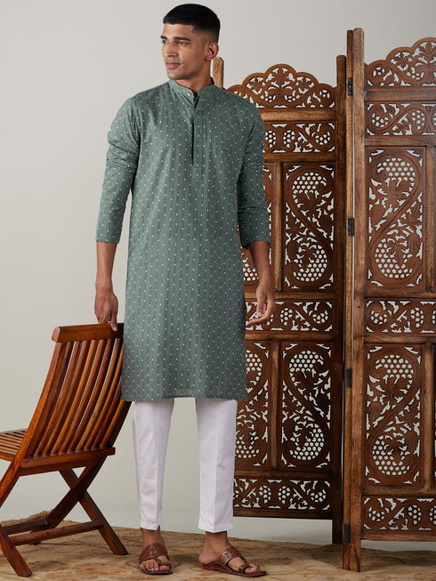 Vastramay Men's Green cotton Jacquard Kurta