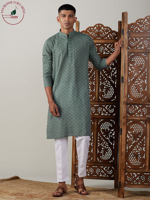 Vastramay Men's Green cotton Jacquard Kurta With White Pant Set