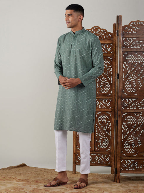 Vastramay Men's Green cotton Jacquard Kurta With White Pant Set