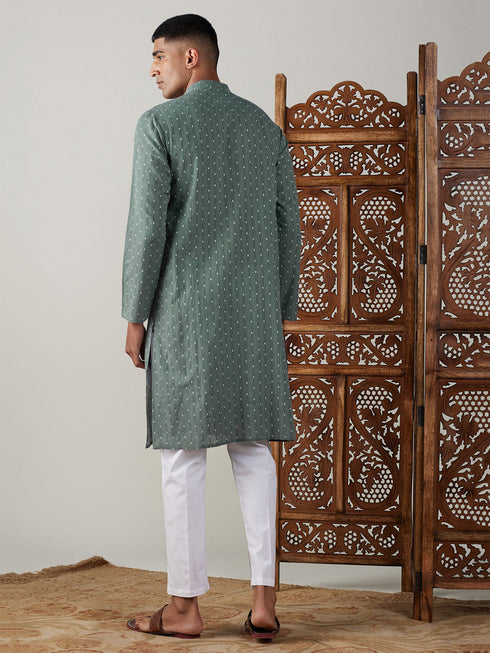 Vastramay Men's Green cotton Jacquard Kurta With White Pant Set