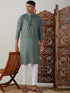 Vastramay Men's Green cotton Jacquard Kurta With White Pant Set