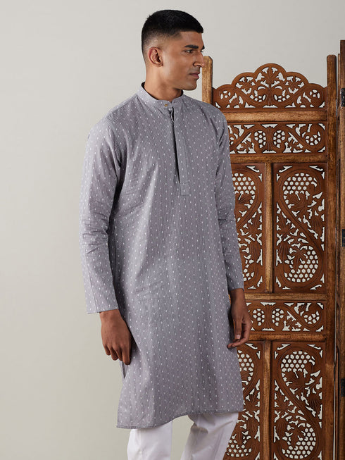 Vastramay Men's Grey cotton Jacquard Kurta