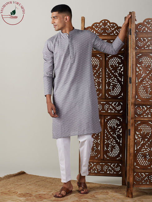 Vastramay Men's Grey cotton Jacquard Kurta With White Pant Set
