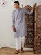 Vastramay Men's Grey cotton Jacquard Kurta With White Pant Set